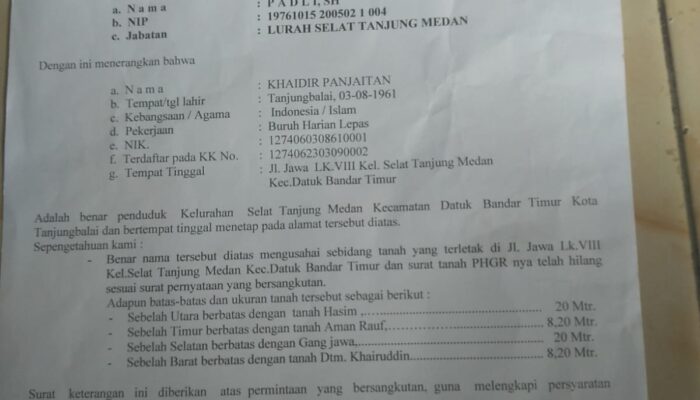 Warga Datuk Bandar Timur Kehilangan Surat Tanah PHGR, Lurah Terbitkan Surat Keterangan Resmi